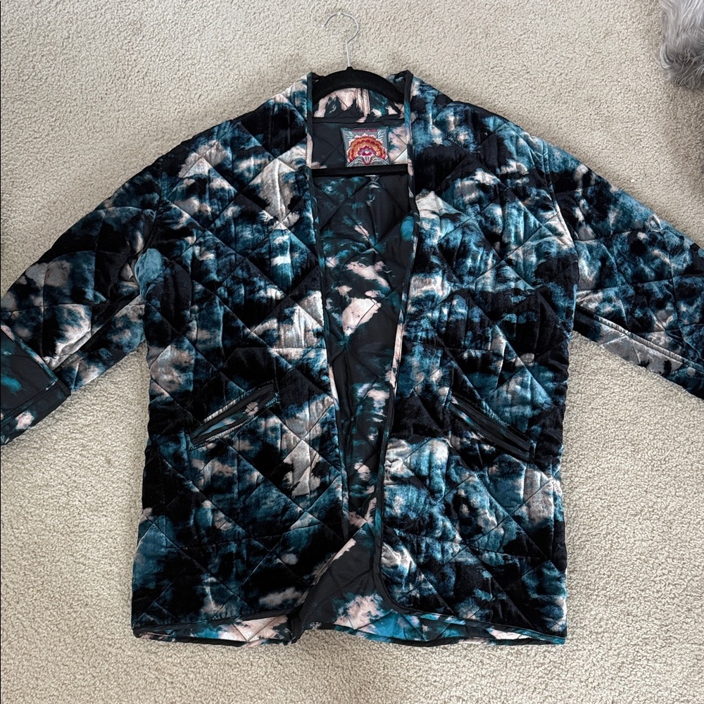 Johnny Was Quilted Open-Front Jacket in Teal, Black & Cream